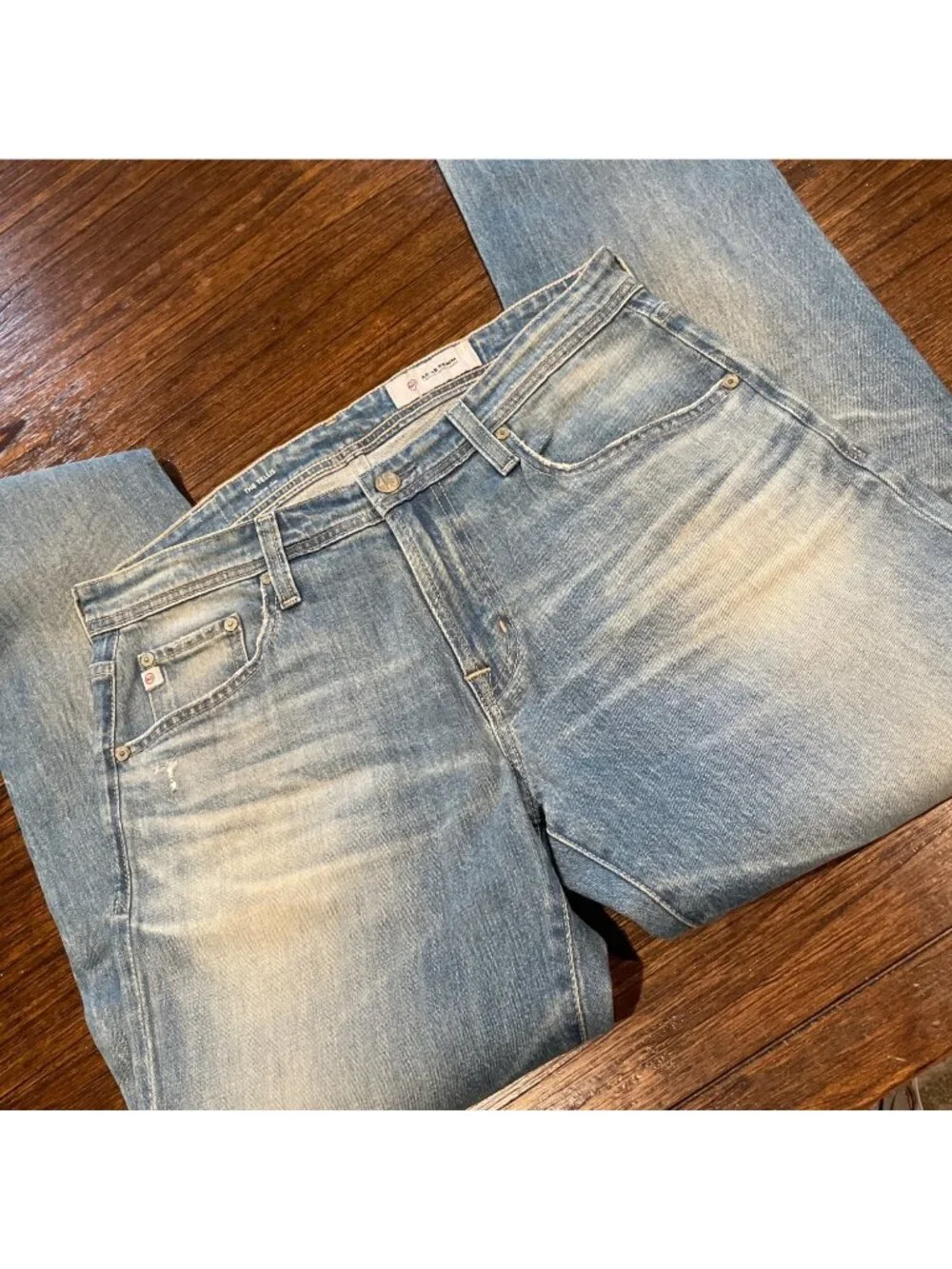AG Tellis Modern Slim Jean Mens 32x33 Stretch Light Blue Faded Distressed Ripped